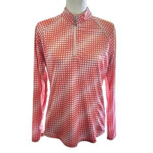 Bette & Court Women’s Medium Quarter Zip Golf Polo Shirt Orange White Abstract